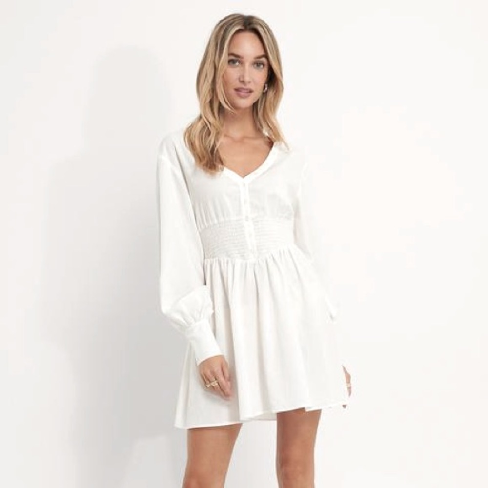 NA-KD Smocked Waist Balloon Sleeve Dress White